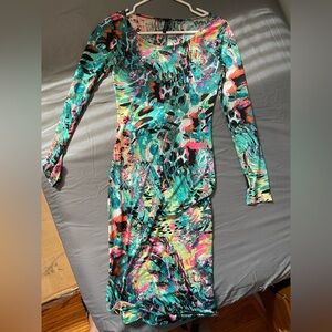 Chic Blue and Green Long Sleeve Mock Neck Bodycon Dress